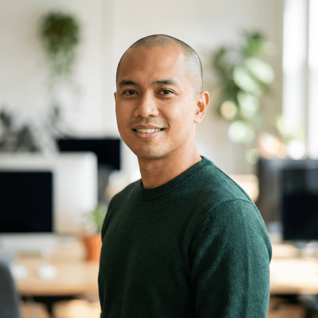 Male product designer in his early 30s, white, working on a laptop