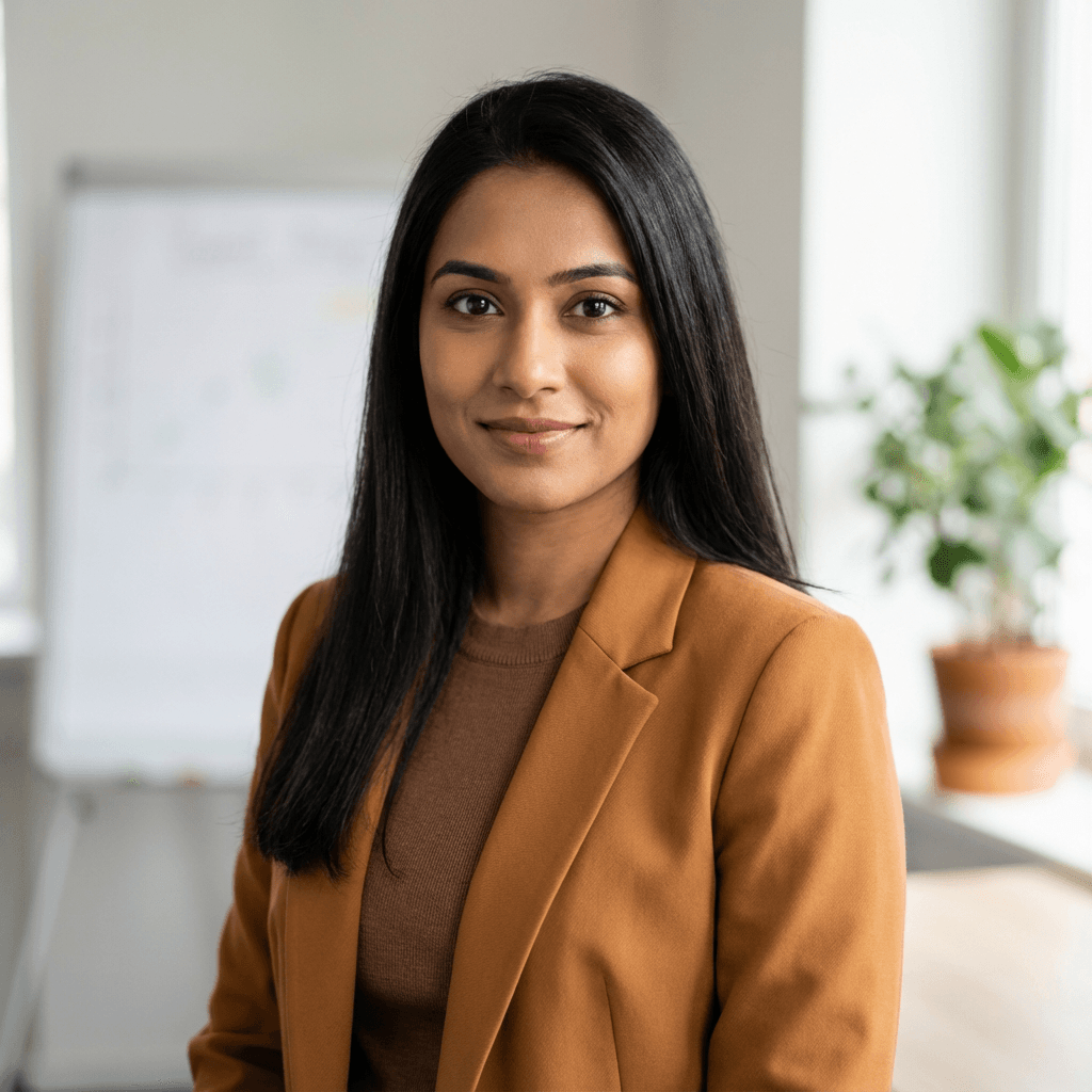 Female marketing professional in her late 20s, white, smiling in a bright office