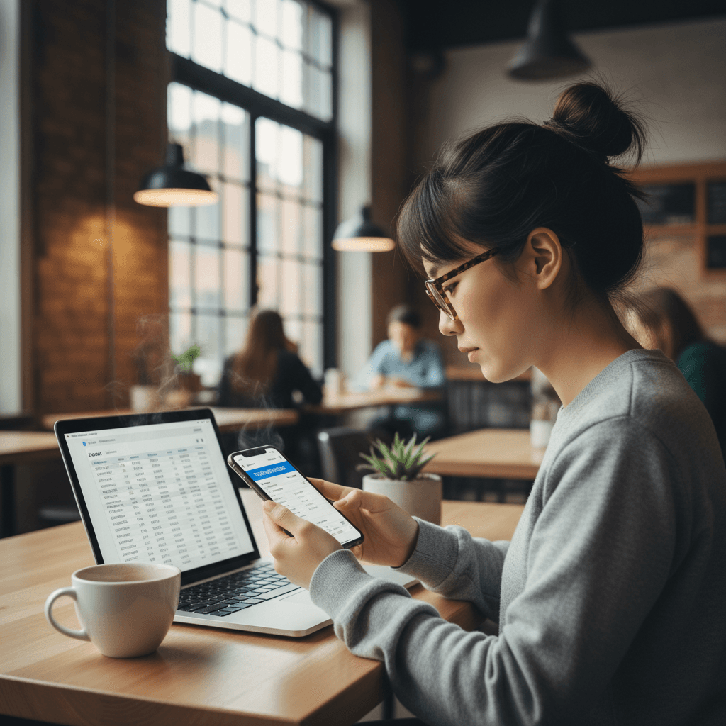 Person reviewing bank transactions on a phone with a laptop in a modern cafe