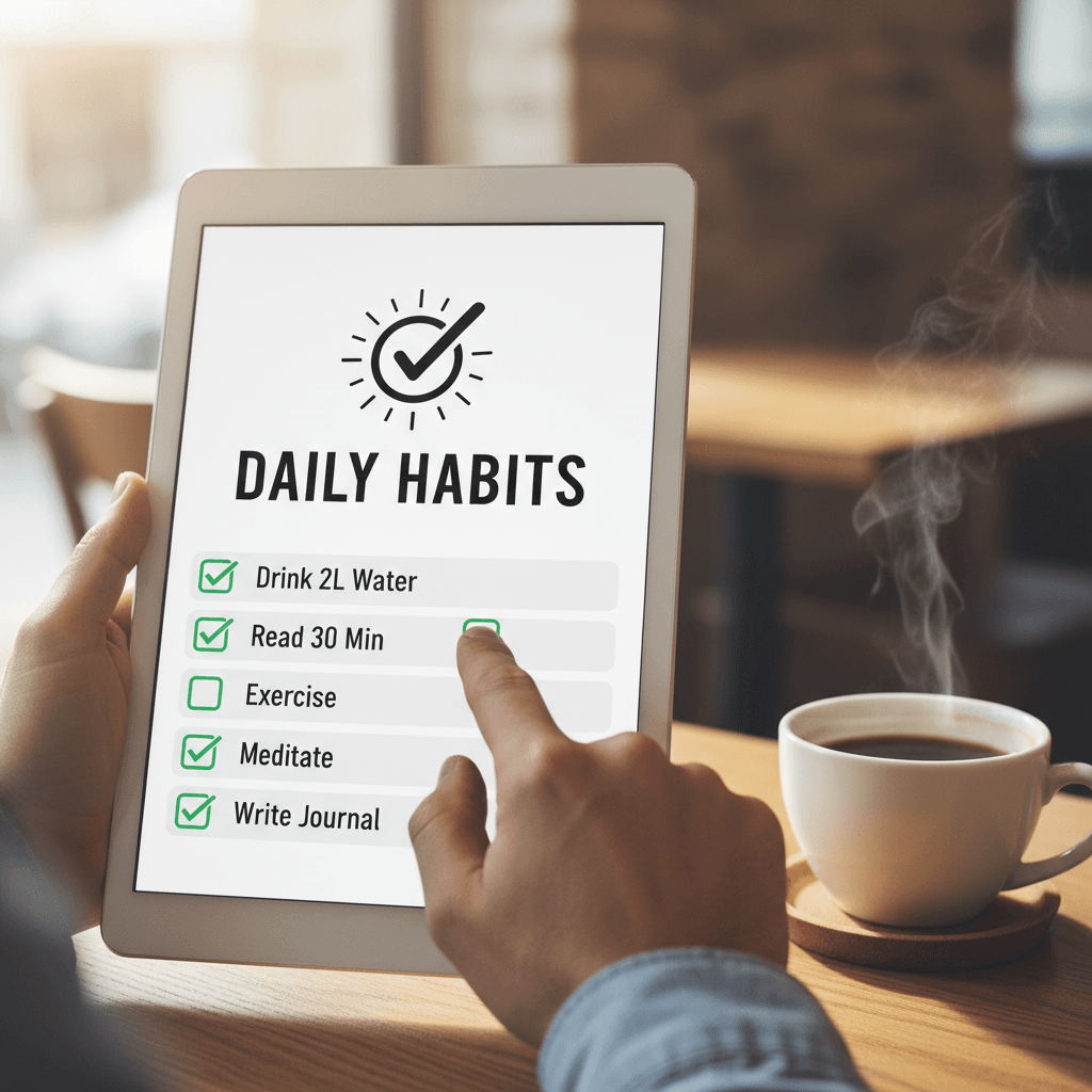 Person checking a habit checklist on a tablet with a coffee cup nearby