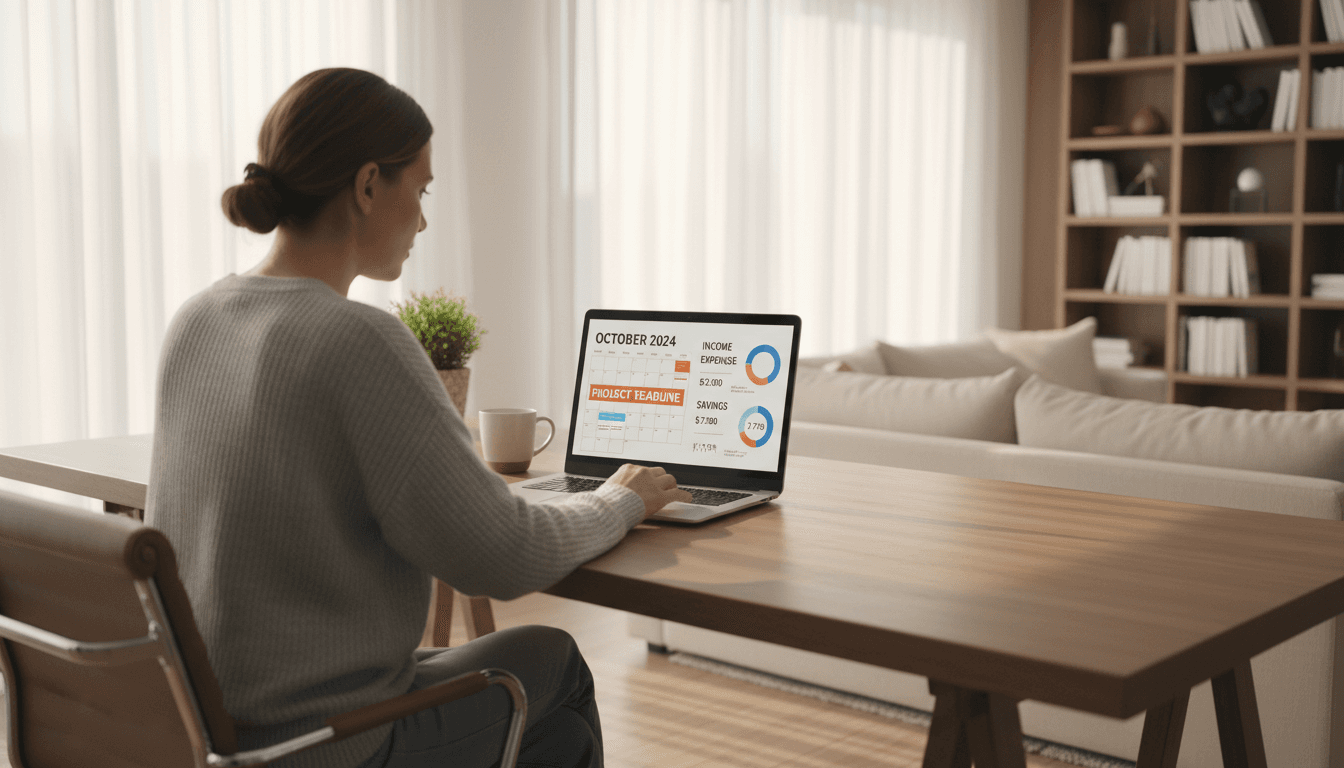 person reviewing a digital calendar and financial dashboard on a laptop in a bright modern home office