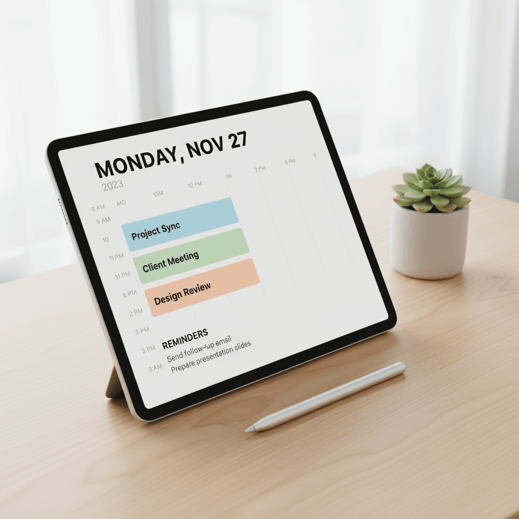 Minimalist calendar interface with time blocks and reminders on a clean desk setup