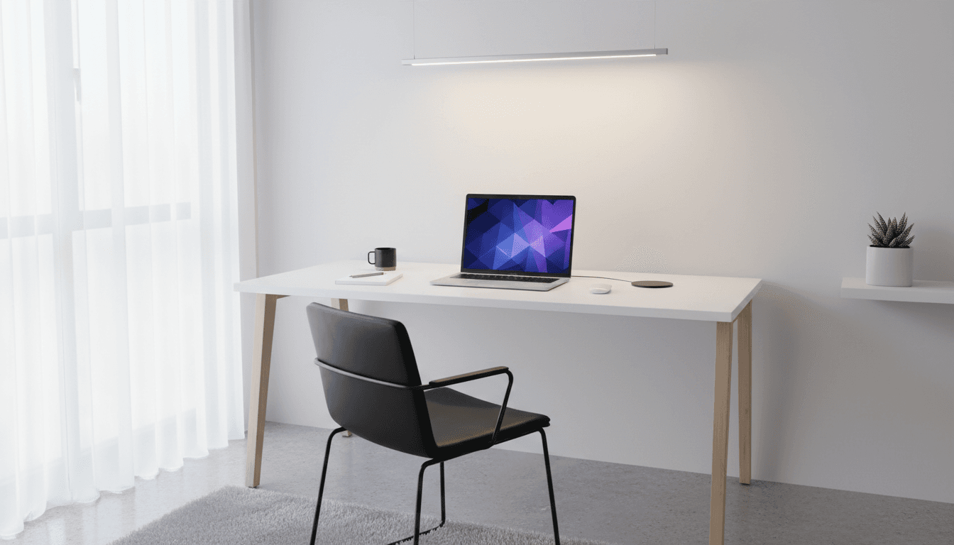 clean modern desk with laptop showing productivity dashboard