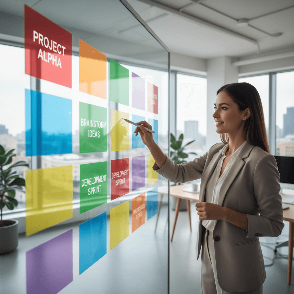 Person organizing colorful task cards on a digital board in a bright modern office