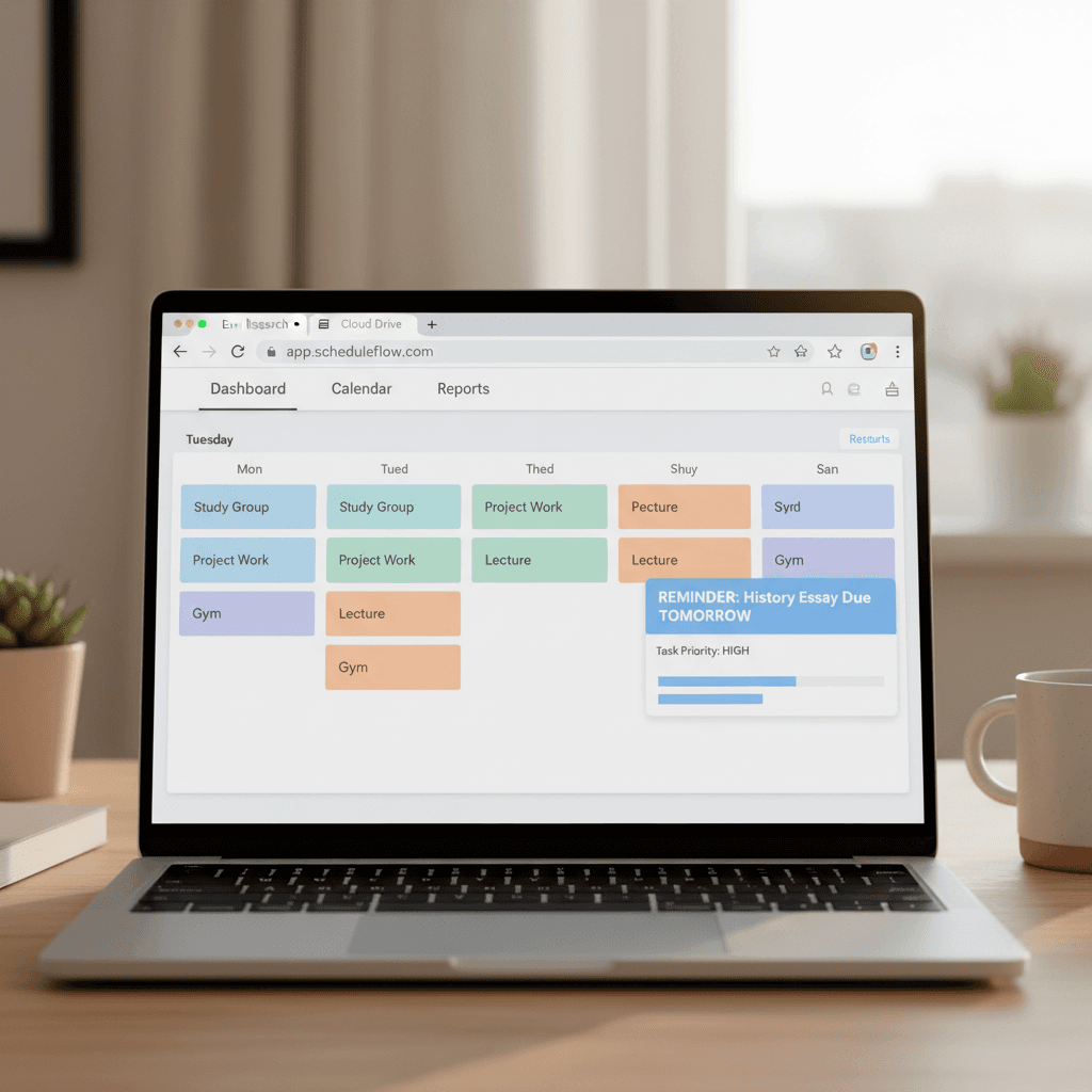 Dashboard overview with weekly schedule and priority tasks
