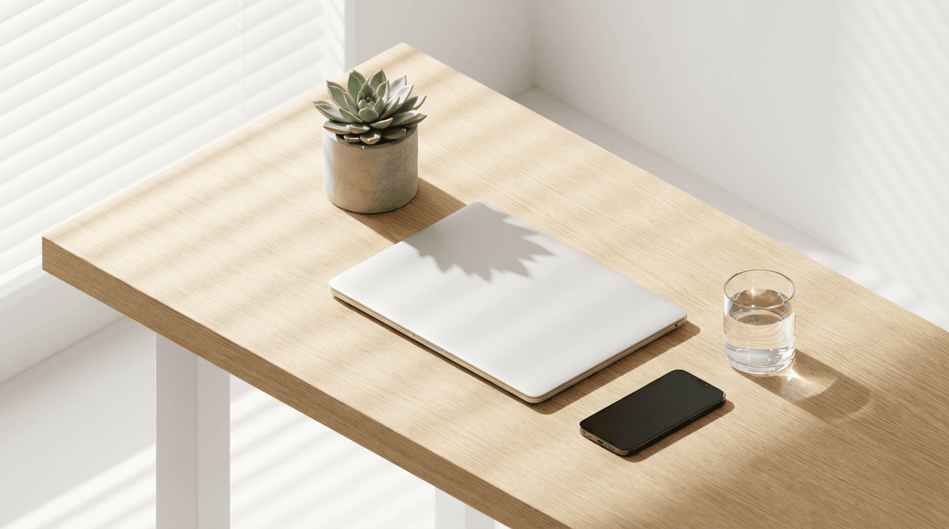 Clean desk with laptop and smartphone in a bright modern office