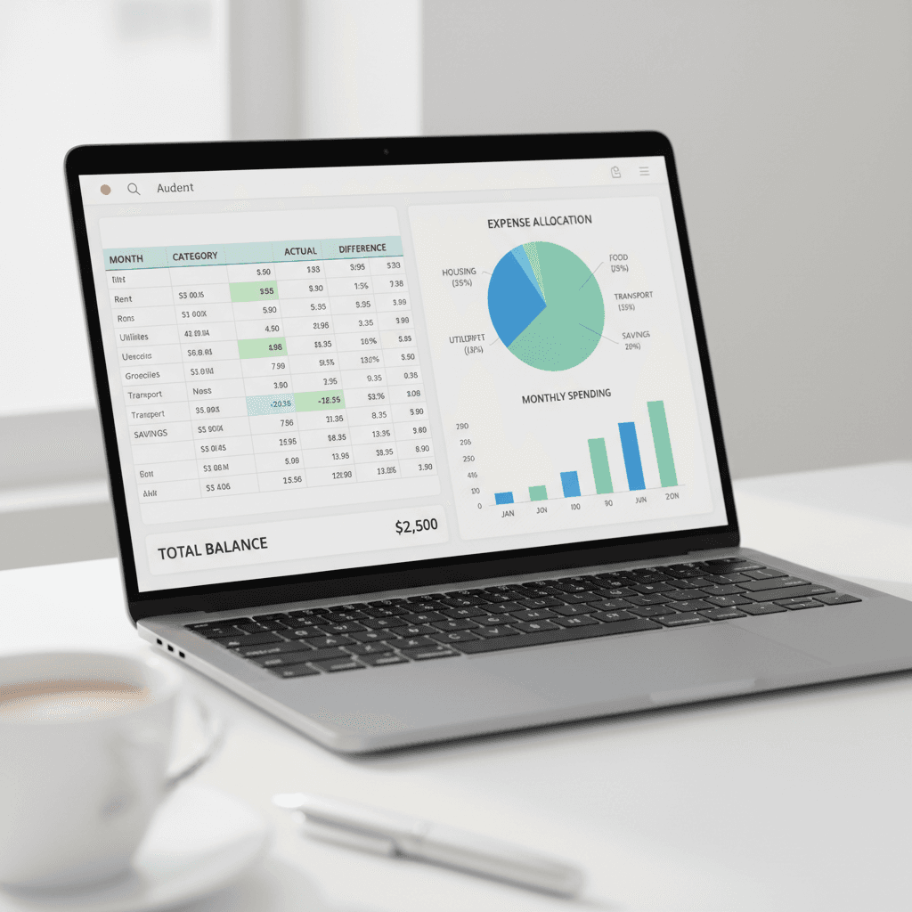 Person working on a laptop with a productivity and finance dashboard