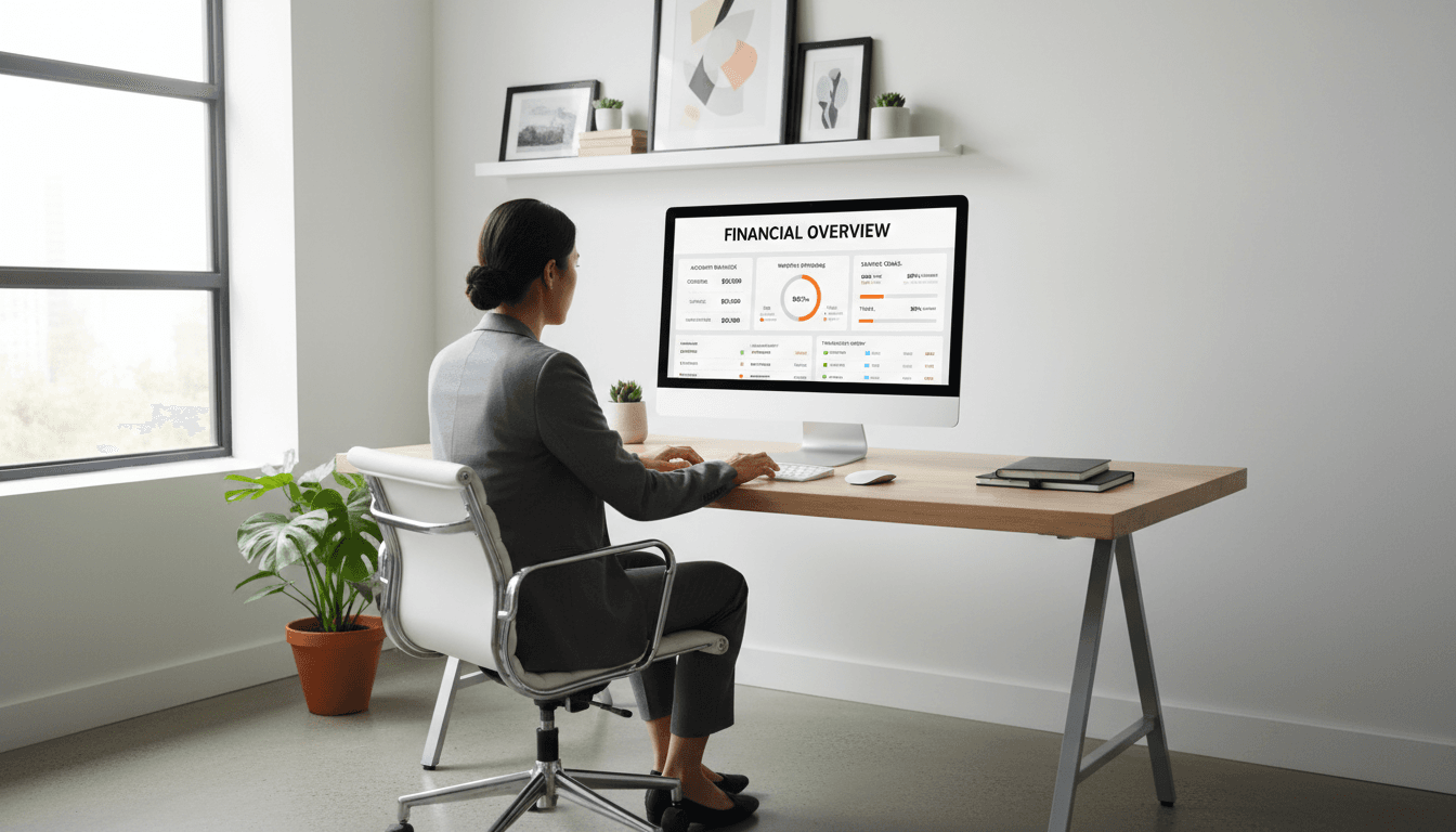 Laptop displaying a unified productivity and financial dashboard with calendar and charts