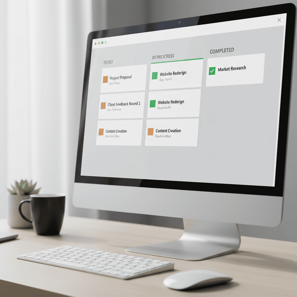 Task list with priority labels and checkboxes on a clean workspace
