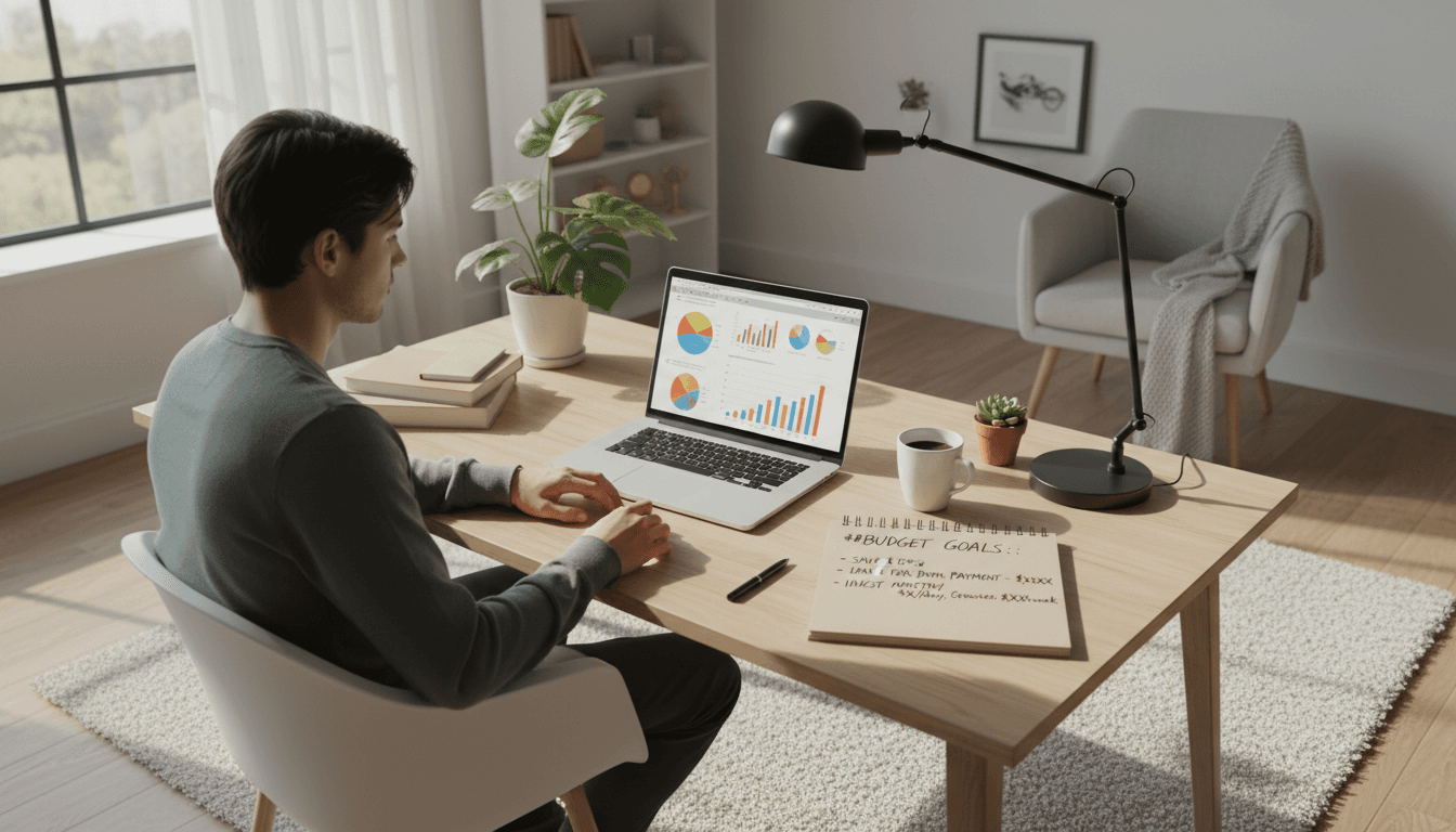 Person planning their day on a laptop with calendar and finance dashboard